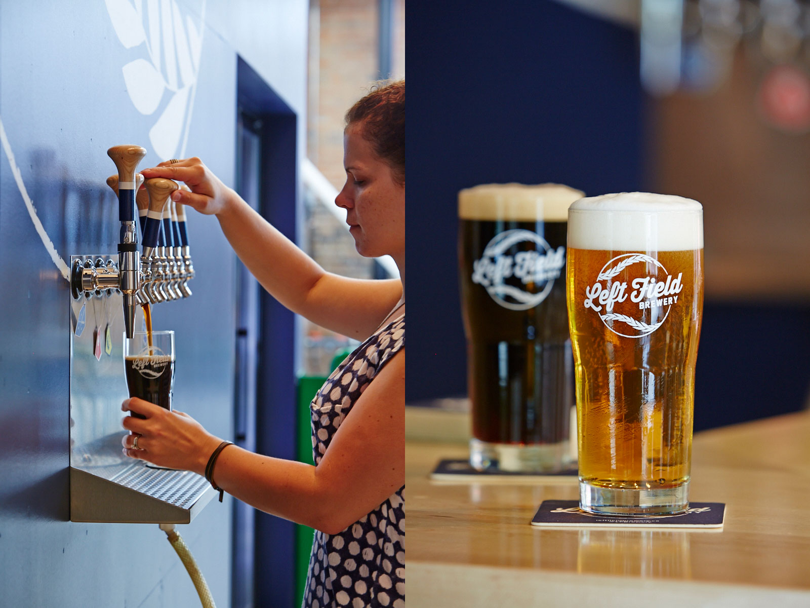 Left: A woman pouring beer into a glass
Right: A glass of beer at <yoastmark class=