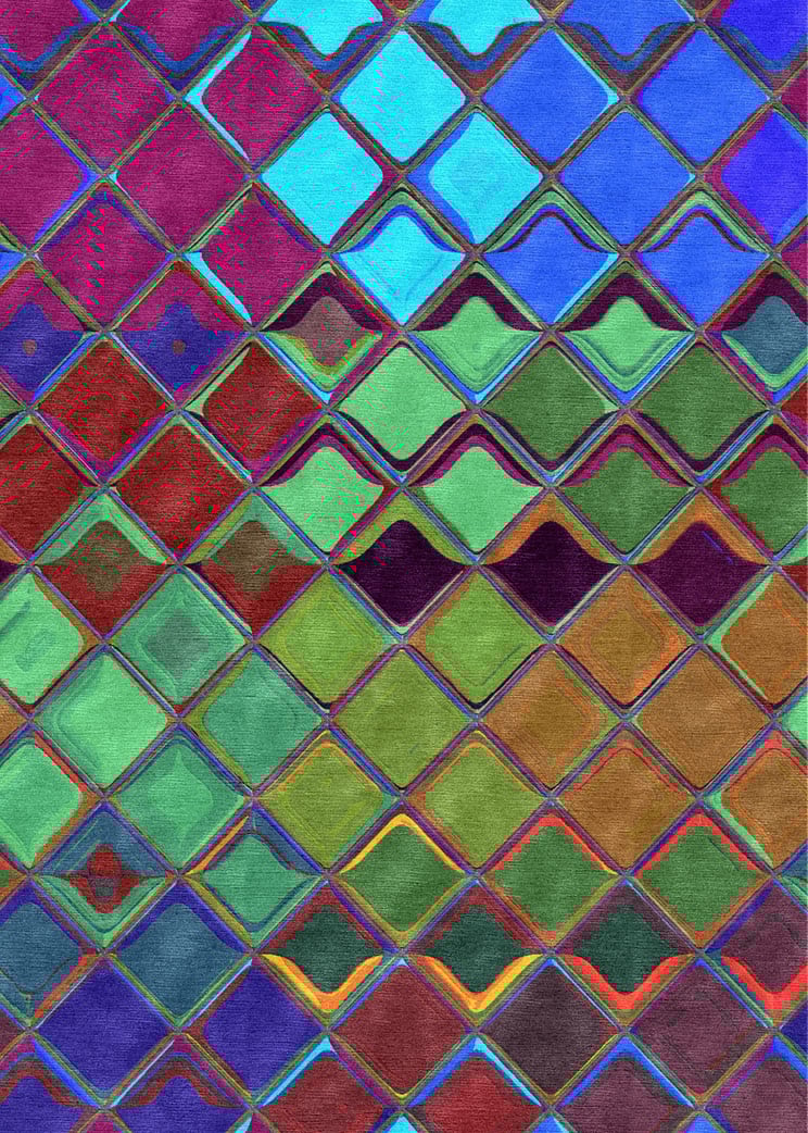 Hand-knotted wool and silk carpet with a diamond grid pattern by Robyn Waffle.
