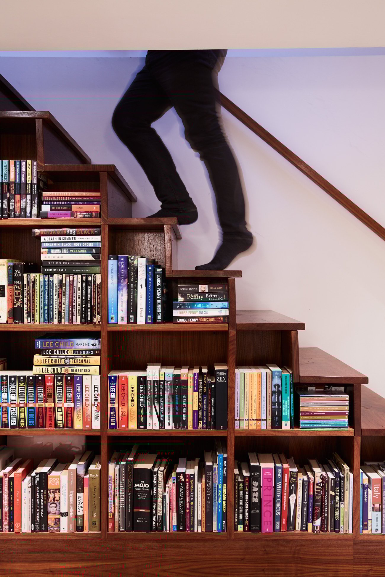 Home Library Ideas, custom walnut staircase with built-in shelves