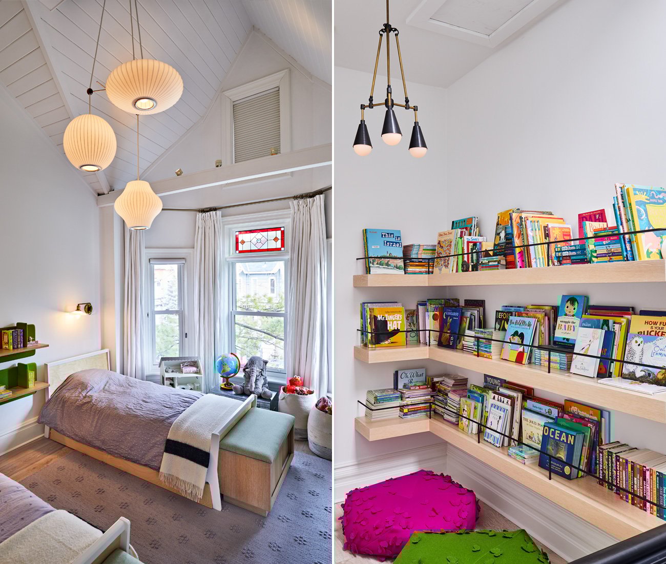 Kids room with Type Books–curated library in Cabbagetown Victorian. Alison Milne Design Toronto Modern Home