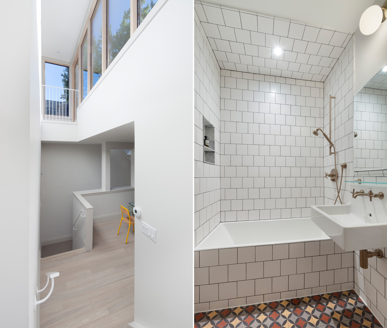 Heritage home renovation featuring a bright atrium and a transformed bathroom with cement tiles and Duravit sink.