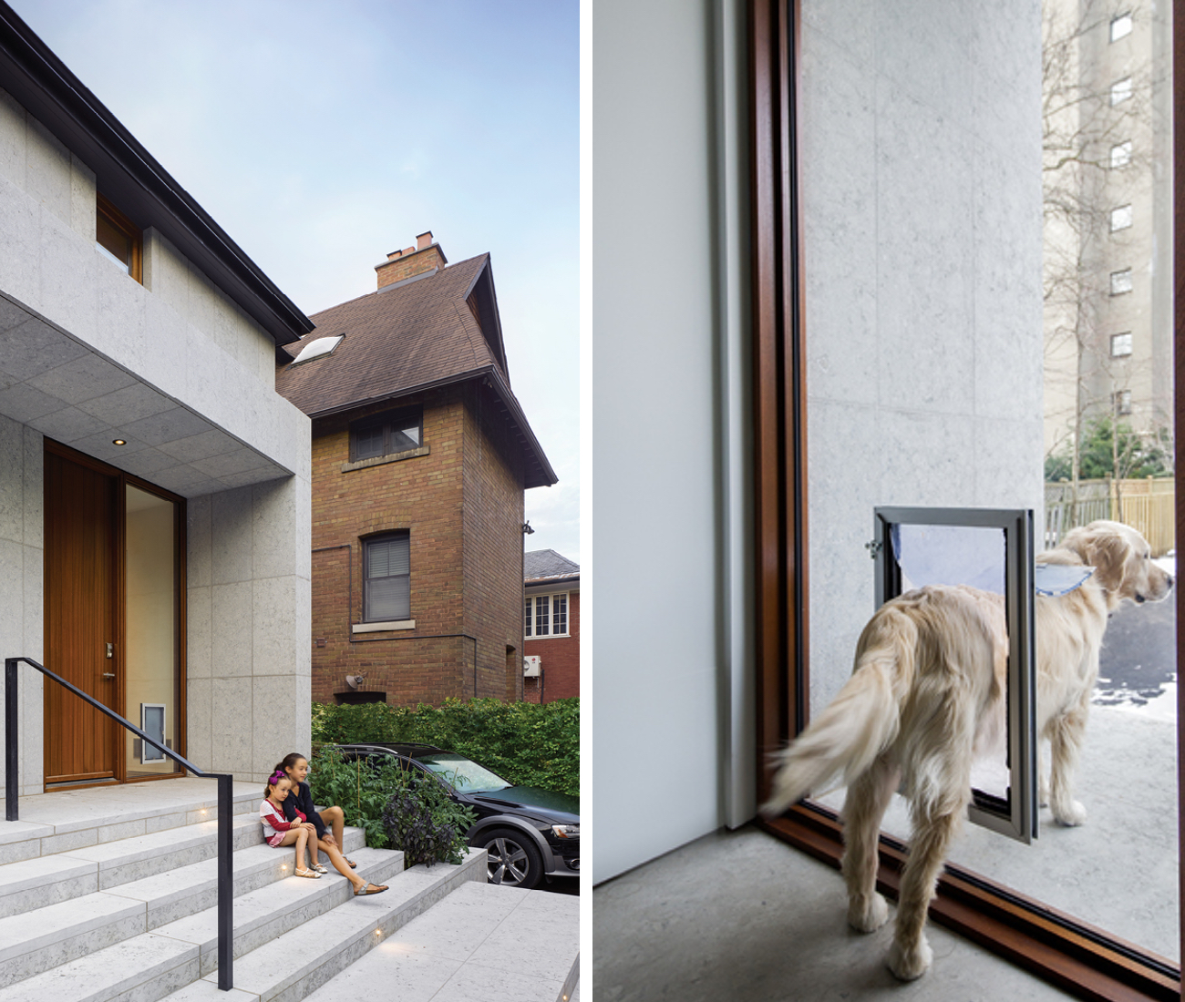 Two kids sitting on the stairs of a home with their pet passing through a dog-friendly entrance