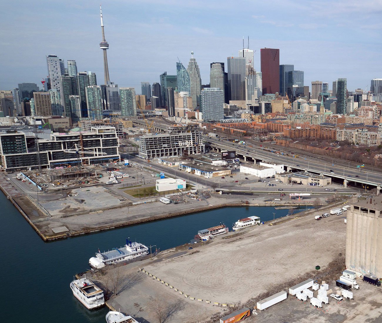 An aerial view of the Quayside side for Sidewalk Labs