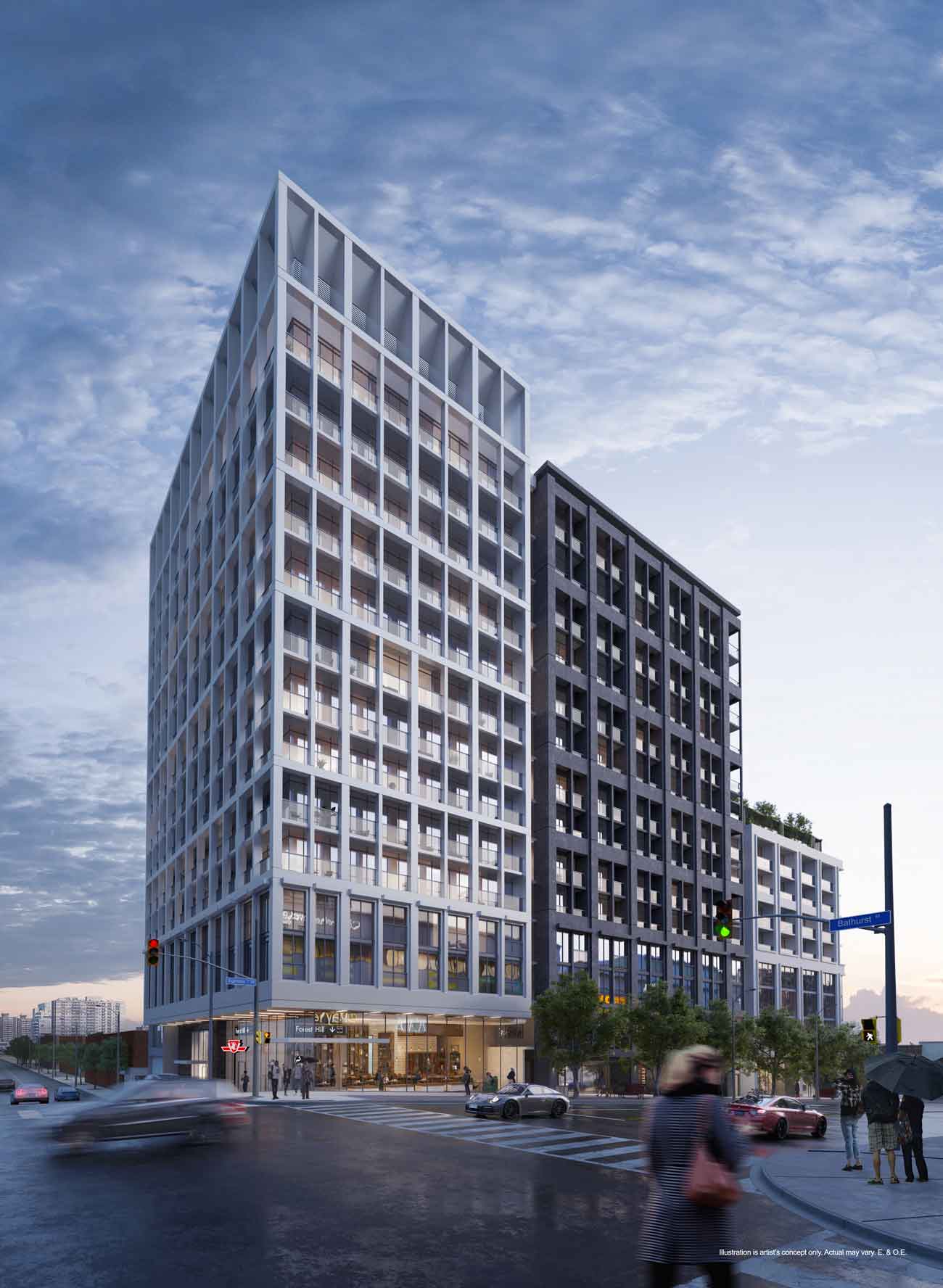 Rendering of the 13 storeys of condos at the southwest corner of Eglinton and Bathurst, a new LRT entrance part of the Eglinton Crosstown