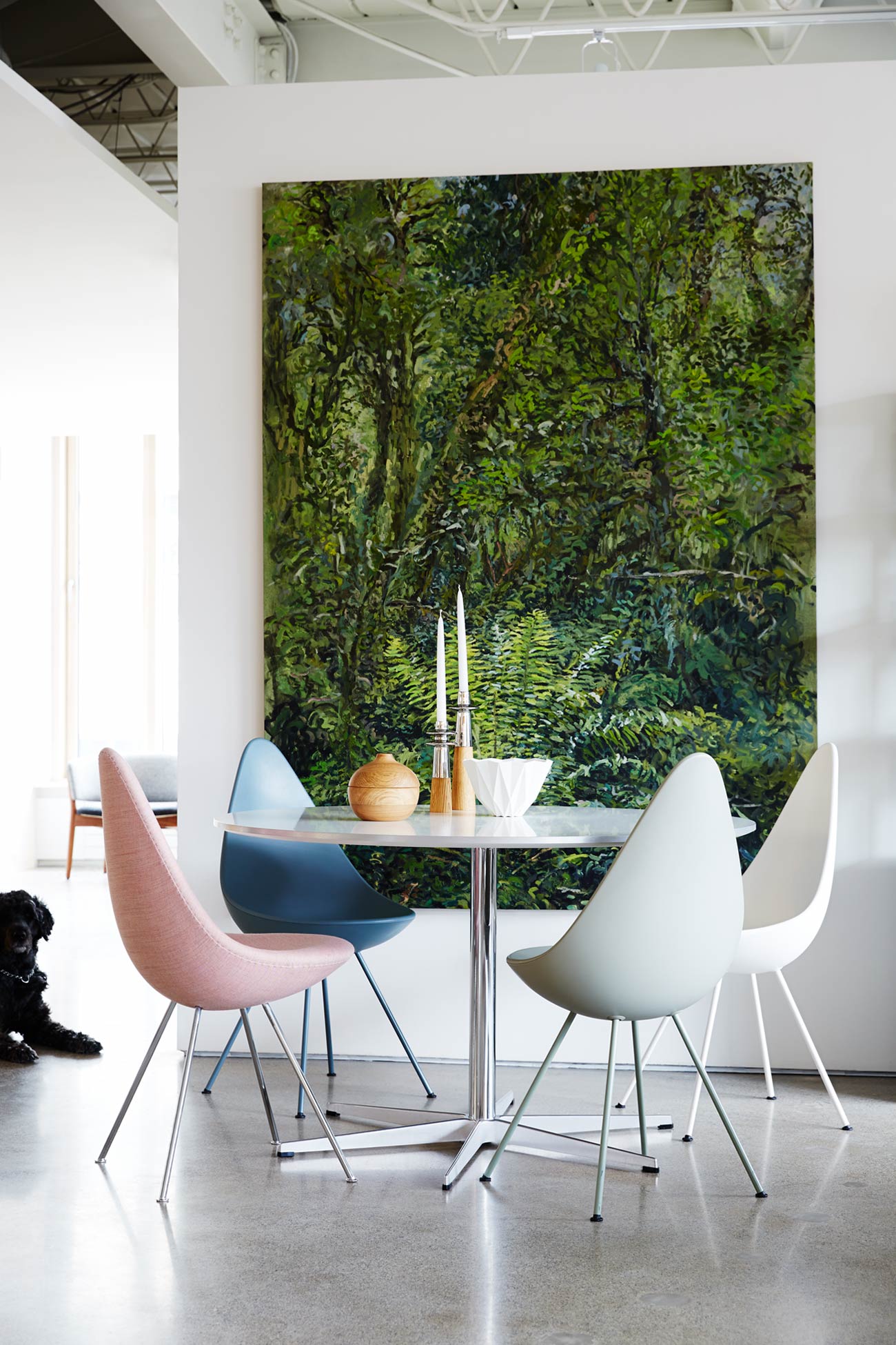 Danish design, dining area with nature artwork on the wall at Torp
