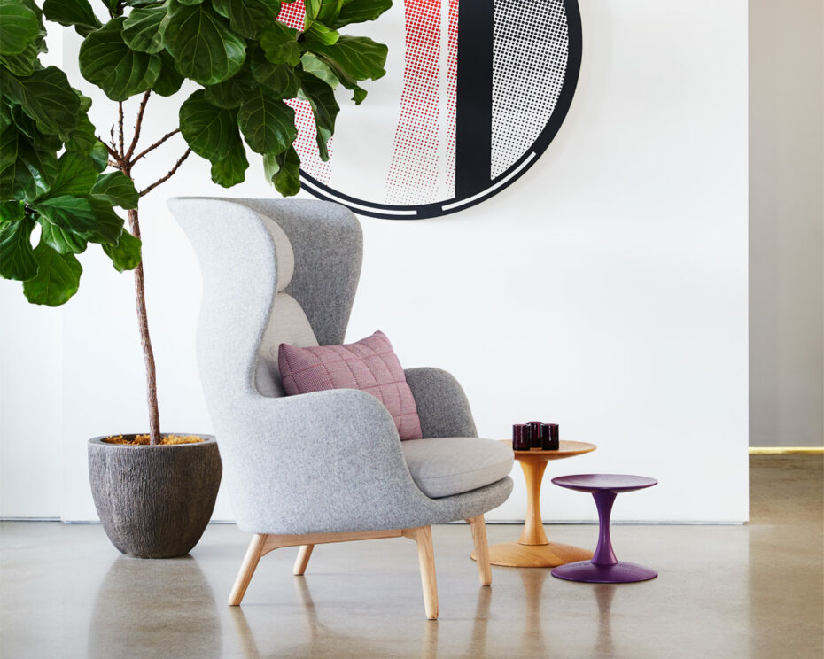 Danish design, Living space with armchair and large plant at Torp