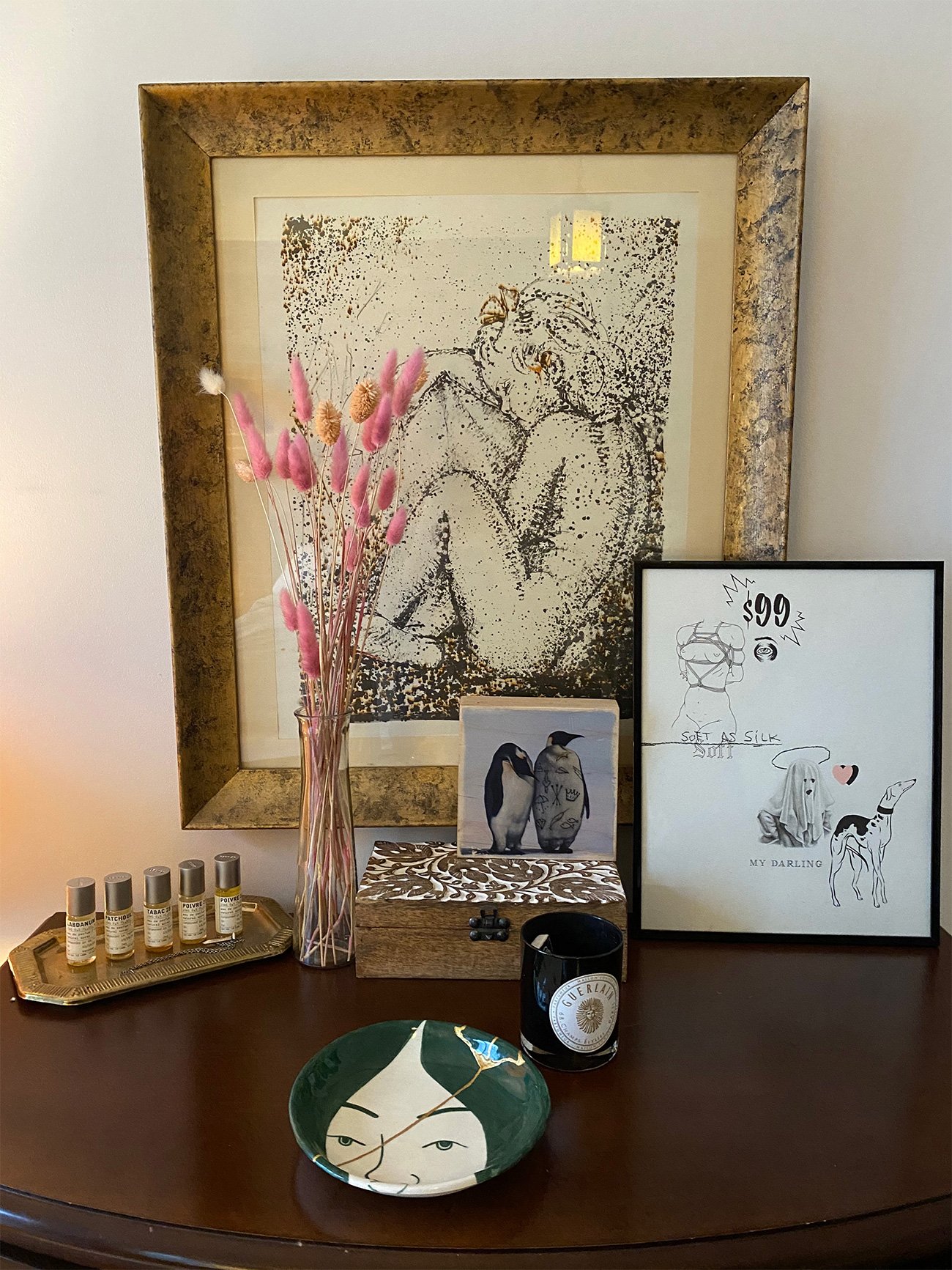 Bowl by Ness Lee, penguins by Richard Ahnert, and collage by Smolik. 
