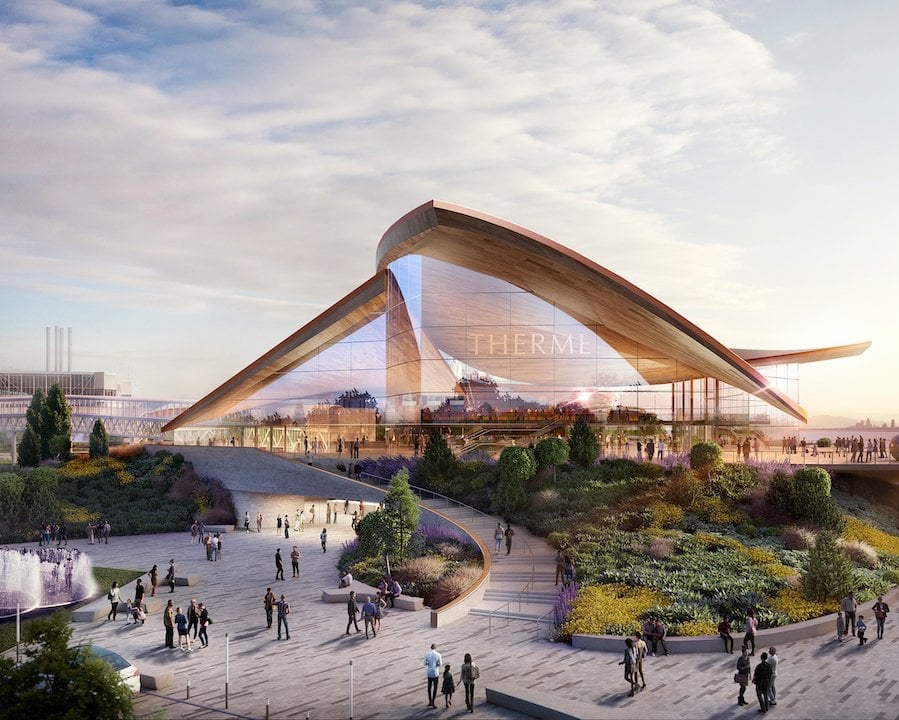 A new rendering of Toronto's Ontario Place redevelopment provided by Austrian company, Therme. Photo Credit: Therme Group.