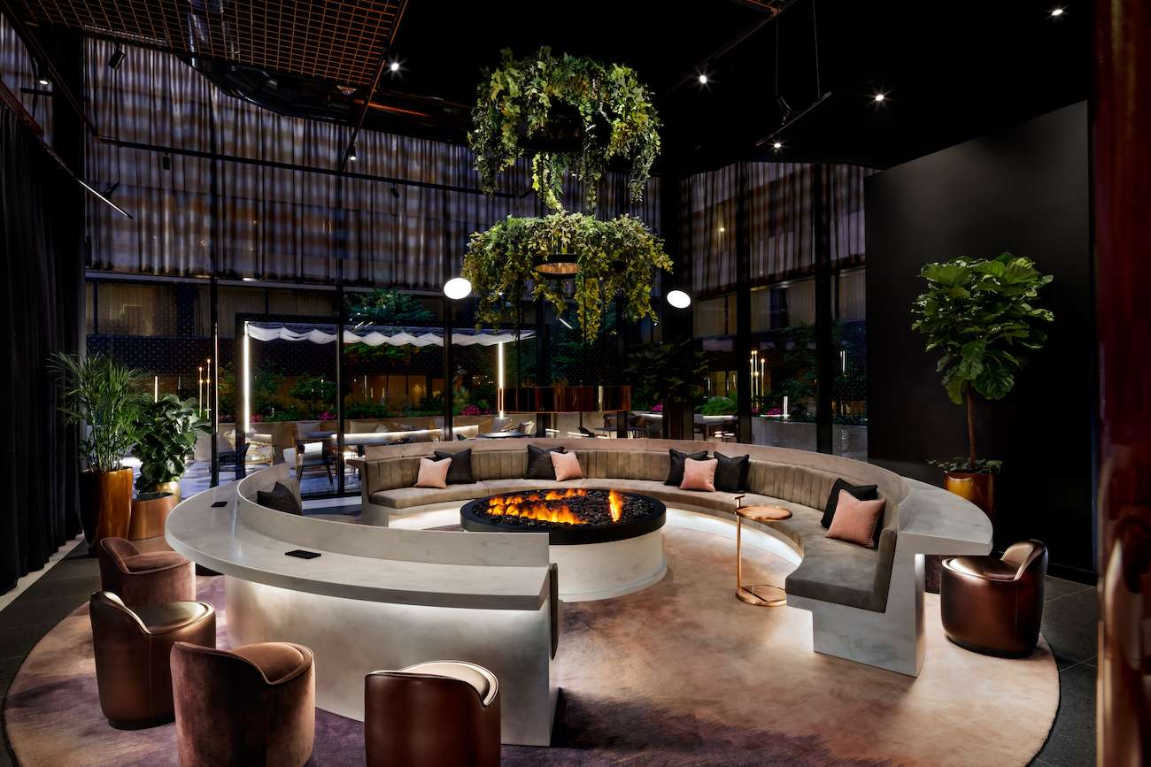 W hotel Toronto conversation pit set around a modern fireplace